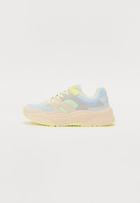 Sneakers with a blend of mesh and suede materials in light blue, grey, and beige. Features neon yellow accents and a thick sole design.