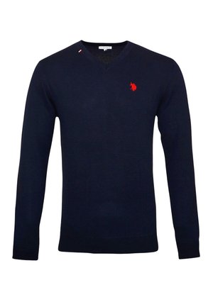 Jersey cárdigan azul marino con cuello en pico, que presenta un pequeño logotipo bordado en rojo y puños y dobladillo de canalé. Textura suave.