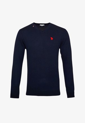 Merinovärinen v-kaula-aukkoinen neulepaita, joka on valmistettu neuloksesta. Siinä on pieni punainen brodeerattu logo sekä ribbatut hihansuut ja helma. Pehmeä pinta.