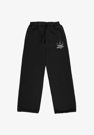 Czarne spodnie dresowe wykonane z miękkiego materiału, z elastycznym pasem, sznurkiem, bocznymi kieszeniami oraz kontrastowym, białym haftowanym logo.