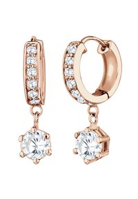Roséguld hängande örhängen med fem klara kristaller framtill och en avtagbar rund kristallberlock i botten.