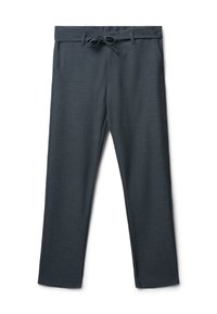 Pantaloni grigi scuri, texture con vita a coulisse, design a gamba dritta e tasche laterali. Aspetto semplice e minimalista.