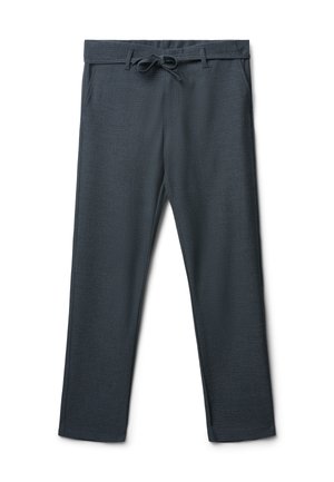 Pantalons texturés gris foncé avec taille à cordon, design à jambe droite et poches latérales. Apparence simple et minimaliste.