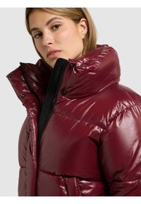 Bordeauxrode gewatteerde jas met hoge kraag, glanzende textuur, ritssluiting en drukknopen, en zwarte accenten. Voorzien van gestikte panelen voor isolatie.