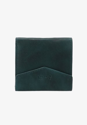 Donkergroen leren portemonnee met een gestructureerde afwerking. Heeft een driehoekig klepdesign en een geperst "VENEZIA" logo aan de voorkant.