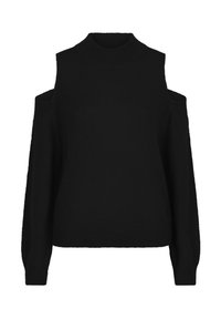 Schwarzer Pullover mit hohem Hals, offenen Schultern und langen, weiten Ärmeln. Ausweichem Strickstoff mit glatter Textur. Sauberes, minimalistisches Design.