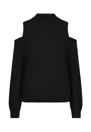 Zwarte trui met hoge hals, open schouders en lange, wijde mouwen. Gemaakt van zachte brei-stof met een gladde textuur. Schoon, minimalistisch ontwerp.