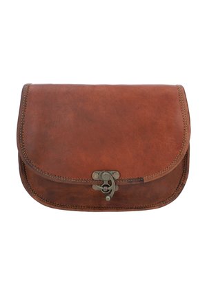 Borsa a tracolla in pelle marrone con bordi arrotondati e chiusura a scatto in metallo sulla patta frontale, mostrata su sfondo bianco.
