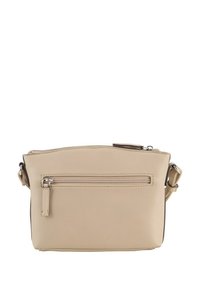 Helle beige Umhängetasche mit einer glatten, strukturierten Oberfläche. Verfügt über eine Reißverschluss-Vordertasche und einen verstellbaren Trageriemen. Rechteckige Form.