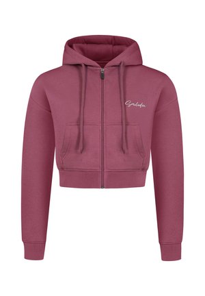 Skåret zip-hoodie i støvet rosenfarve, lavet af blødt stof. Har en frontlomme, justerbar hætte og broderet logo på brystet.