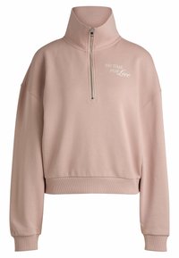 Jasnoróżowa bluza z wysokim kołnierzem i półzamkiem. Na przodzie haftowany napis "NO TIME FOR Love". Miękki materiał, luźny krój.