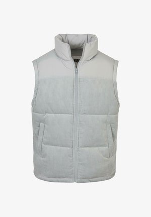 Gilet grigio chiaro con colletto alto, caratterizzato da una parte superiore liscia e una parte inferiore ribattuta e imbottita. Due tasche laterali e chiusura frontale con zip.