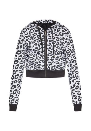 Cēlā kapuces džemperis balta un melna leopardu rakstā, ar pilnu rāvējslēdzēju, regulējamu kapuci un melnā ribotā apakšmalā un piedurkņu galos.