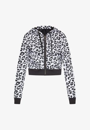 Geteilte Kapuzenjacke im weißen und schwarzen Leopardenmuster, mit durchgehendem Reißverschluss, Kordelzugkapuze sowie schwarzem Rippbündchen an Saum und Ärmeln.