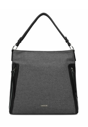 Szara torebka o teksturowanej powierzchni z czarnym skórzanym obszyciem, dwoma pionowymi kieszeniami na zamek oraz jednym czarnym paskiem uchwytu.