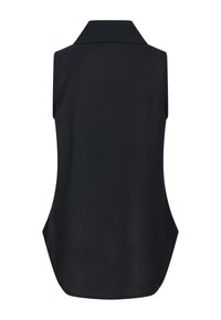 Chemise noire sans manches avec col et ourlet légèrement incurvé, vue de dos sur fond blanc.