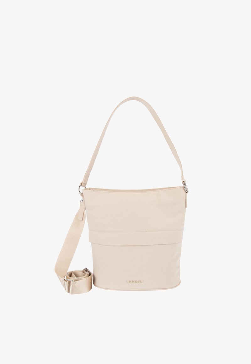 Sac à bandoulière beige avec sangle réglable et fermeture éclair, arborant un logo BOGNER discret en plein centre à l'avant.