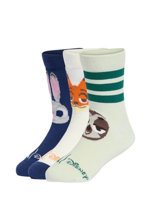 Tre calzini colorati alla caviglia con personaggi: un calzino blu con un coniglio, un calzino bianco con una volpe e un calzino verde chiaro con un bradipo.