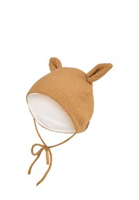 Knitted toddler hat in light brown, featuring triangular ears, soft white lining, and tied chin straps for secure fit.