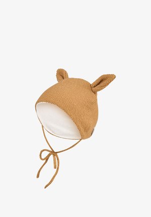 Knitted toddler hat in light brown, featuring triangular ears, soft white lining, and tied chin straps for secure fit.