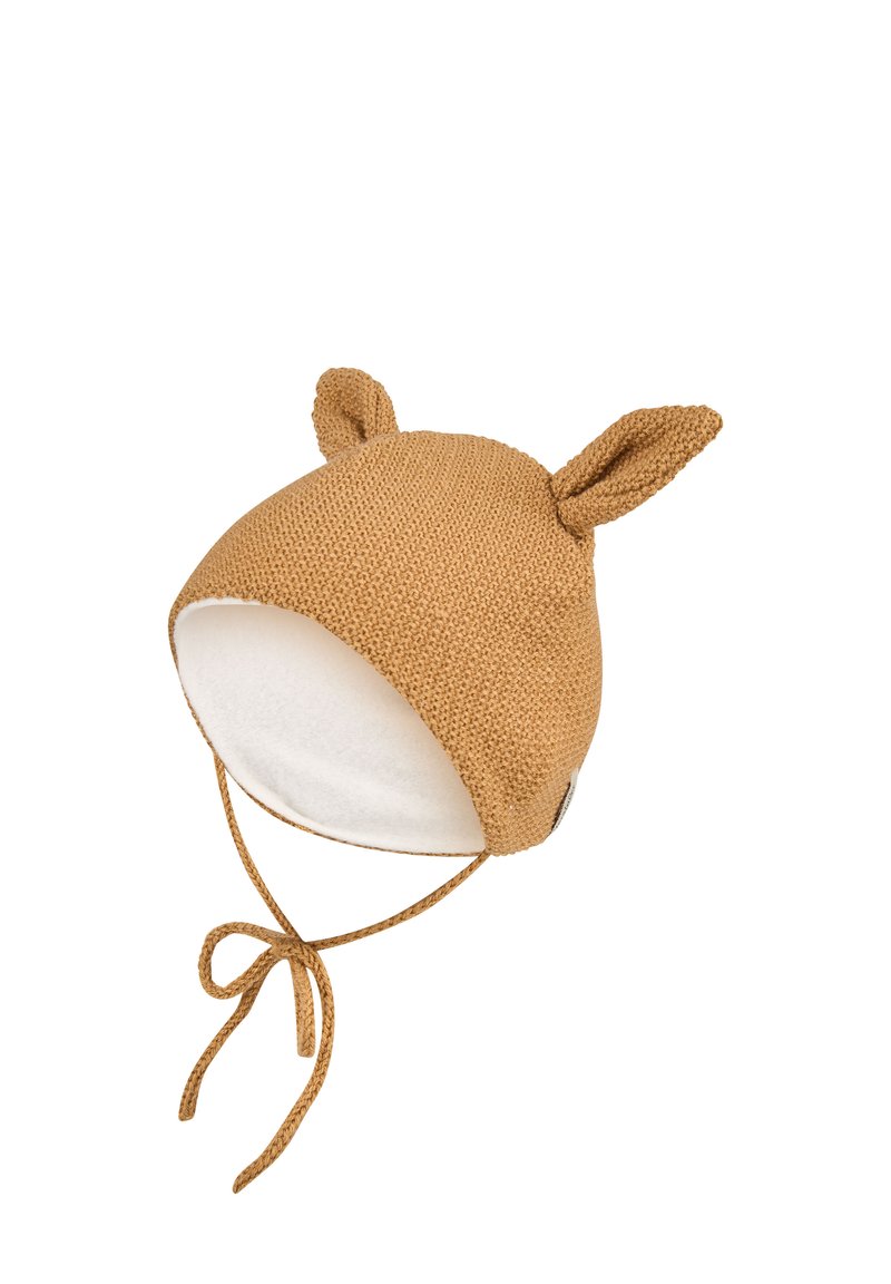 Knitted toddler hat in light brown, featuring triangular ears, soft white lining, and tied chin straps for secure fit.