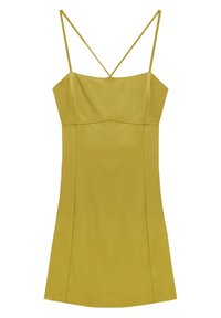 Robe jaune sans manches avec fines bretelles, corsage structuré et ourlet évasé. Fabriquée en tissu lisse, elle présente un design épuré et minimaliste.