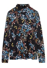 Langärmliges Turtleneck-Oberteil in Schwarz mit einem bunten Blumenmuster, das blaue, rosa und gelbe Blätter zeigt; weicher Stofftextur.