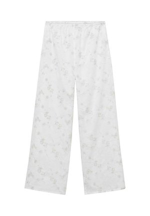 Pantaloni albi cu picioare largi, confecționați dintr-un material ușor, având un model floral în gri deschis, cu un brâu elastic pentru confort.