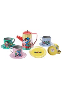 Vintage-style tea set with a red kettle, colorful mugs in green, blue, and pink, and matching plates featuring playful cartoon designs.