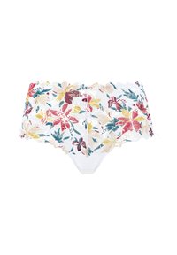 Lace floral panties with a white base, featuring colorful flowers in pink, yellow, and teal; scalloped edges for added detail.