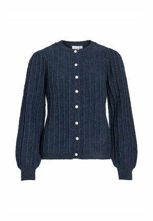 Marineblauer, gestrickter Cardigan mit gerippter Textur. Verfügt über lange, puffige Ärmel und einen runden Ausschnitt, akzentuiert mit perlenähnlichen Knöpfen entlang der Vorderseite.