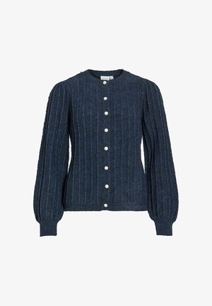 Marineblauer, gestrickter Cardigan mit gerippter Textur. Verfügt über lange, puffige Ärmel und einen runden Ausschnitt, akzentuiert mit perlenähnlichen Knöpfen entlang der Vorderseite.