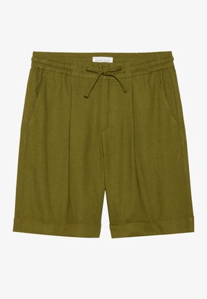 Olive green shorts made of soft fabric, featuring an elastic waistband with drawstring, two side pockets, and cuffed hems.