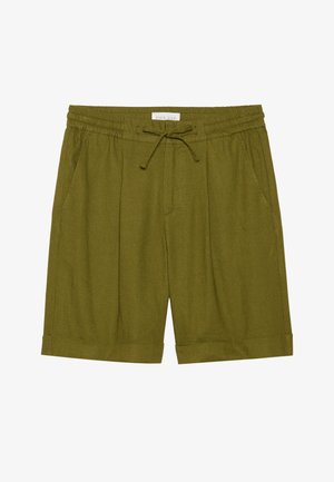 Shorts verde măsliniu dintr-un material moale, cu talie elastică și șnur, două buzunare laterale și margini răsucite.