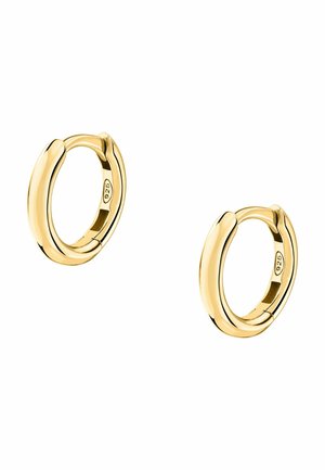 Paar polierte goldene Creolen mit glatten, abgerundeten Kanten, innen mit "925" gestempelt, auf weißem Hintergrund präsentiert.