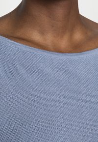 Close-up of a person wearing a light blue textured knit top with a wide neckline, showing the neck and upper chest.