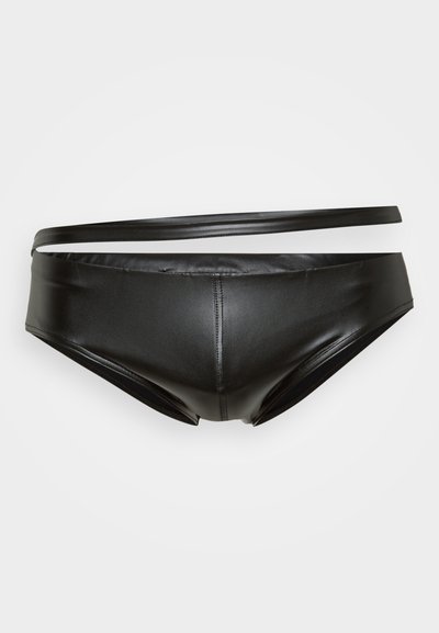 Črne usnjene bikini hlačke z gladko teksturo, nizkim krojem in izrezanimi stranskimi detajli. Imajo tanek, horizontalni pas okoli pasu.