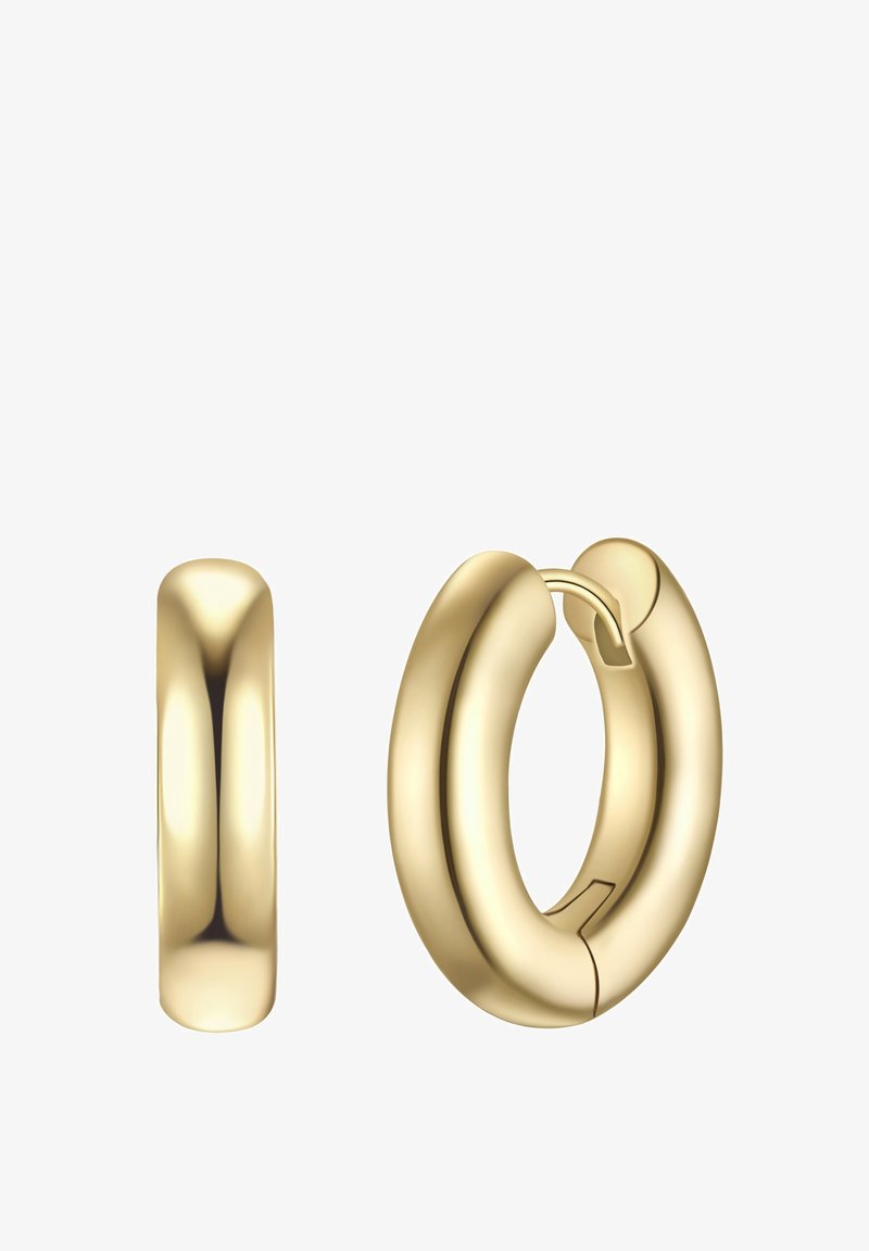 Auksiniai lankų formos auskarai su lygiu, poliruotu paviršiumi; vienas yra uždara apskritimas, kitas turi matomą užsegimą ir atsiveria per vyrių.