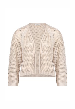 Cardigan beige au crochet à ouverture frontale, manches longues avec poignets et ourlet côtelés, présenté sur un fond blanc.