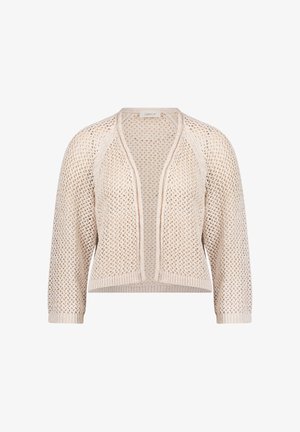 Cardigan beige au crochet à ouverture frontale, manches longues avec poignets et ourlet côtelés, présenté sur un fond blanc.
