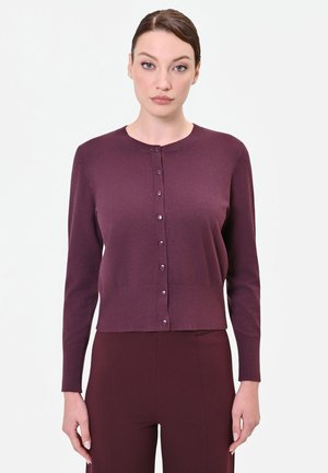Donna dalla pelle chiara e capelli scuri che indossa un cardigan viola scuro abbottonato e pantaloni abbinati su uno sfondo bianco uniforme.