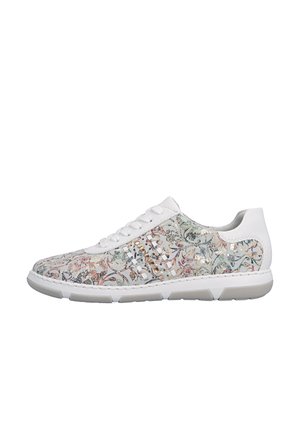 Weiße Low-Top-Sneaker mit mehrfarbigem Blumenmuster, weißen Schnürsenkeln und einer segmentierten weißen Gummisohle.