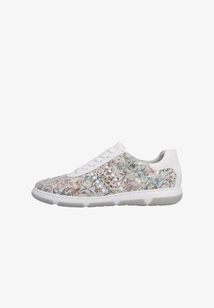 White low-top sneaker with multicolor floral pattern, white laces, and a segmented white rubber sole.