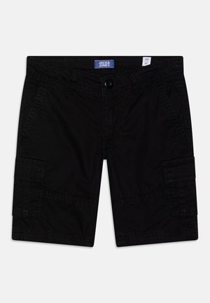 Czarne krótkie spodenki cargo dla chłopców z bocznymi kieszeniami i zapinane z przodu na guzik, rozmiar 8 lat, oznaczone marką Jack & Jones.