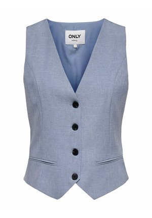 Vaaleansininen liivi, jossa V-pääntie, viisi mustaa nappia edessä, kaksi sivutaskua ja teksturoitu kangaspinta.