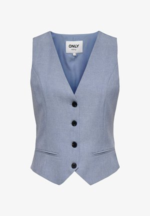 Vaaleansininen liivi, jossa V-pääntie, viisi mustaa nappia edessä, kaksi sivutaskua ja teksturoitu kangaspinta.