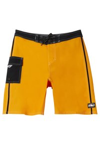 Shorts de bain jaunes avec taille noire et poche latérale. Présentent des coutures blanches et un système de fermeture à cordon, avec un accent de logo.