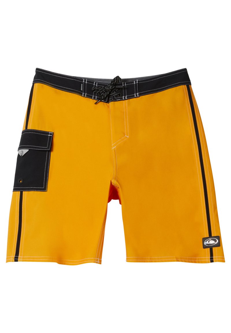 Shorts de bain jaunes avec taille noire et poche latérale. Présentent des coutures blanches et un système de fermeture à cordon, avec un accent de logo.