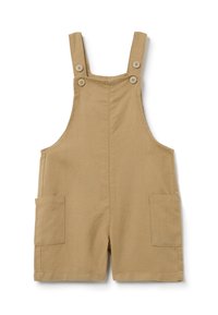 Tanskleurige katoenen overallshorts hebben verstelbare schouderbanden met twee knopen, voorzakken en een schone, eenvoudige uitstraling.