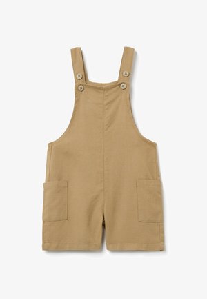 Tanskleurige katoenen overallshorts hebben verstelbare schouderbanden met twee knopen, voorzakken en een schone, eenvoudige uitstraling.